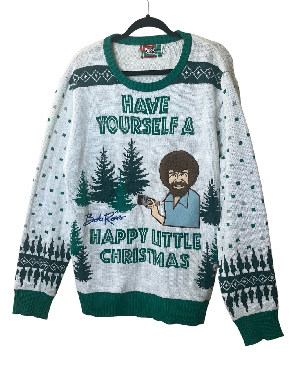Spencer’s Bob Ross Men's 'Have Yourself a Happy Little Christmas' Sweater Sz XL